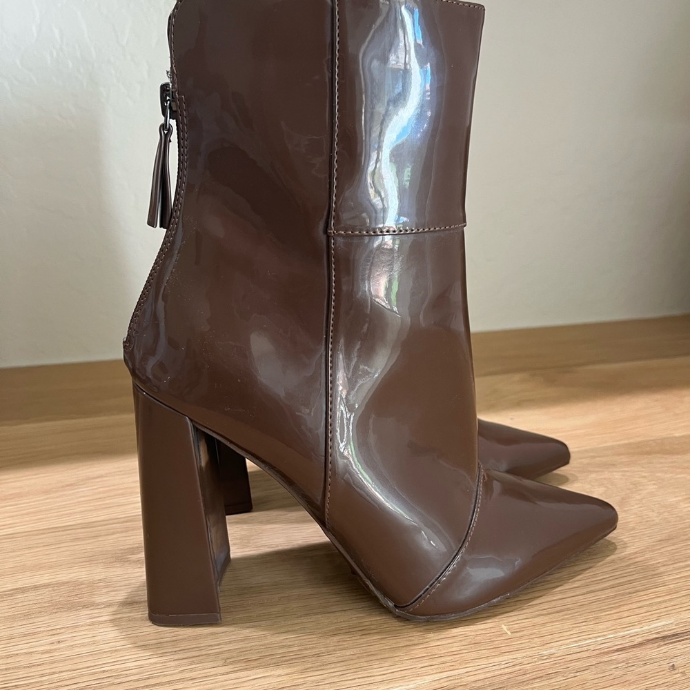 Glossy Chocolate Brown Ankle Boots pointed toe faux patent leather